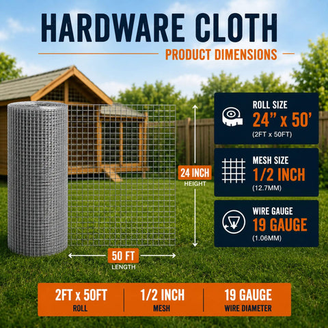 No Nonsense Heavy Duty Half Inch Hardware Cloth 24 X 50 Feet Roll True 19 Gauge Hot Dip Galvanized Welded Wire Mesh displayed with dimensions.