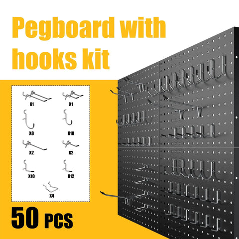 Heavy Duty Metal Pegboard Panels 4 Pack With 50 Hooks Black Wall Organizer for tool and office storage with hook kit