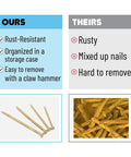 Comparison of gold finish nail kit with 600 nails in four sizes for picture hanging and woodworking vs rusty nails
