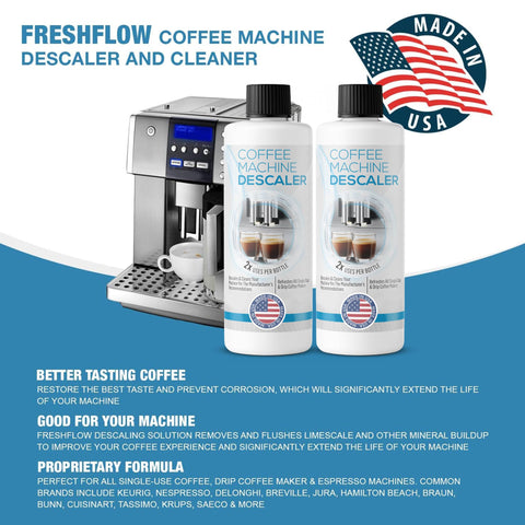 Pro Grade Descaler For Coffee And Espresso Makers 2 Bottle Pack 4 Uses Keeps Your Brews Great Universal Compatibility With Keurig Breville Nespresso Delonghi And All Single Serve Or Drip Machines displayed with a coffee machine