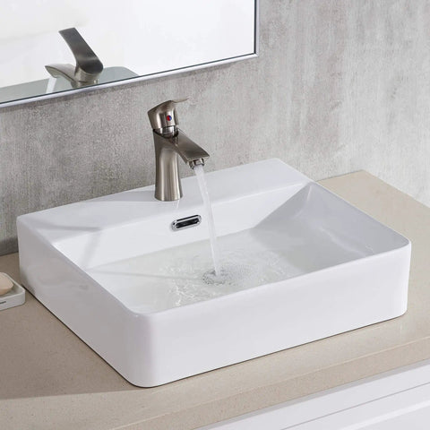 Wall Mount Bathroom Sink, Small White Rectangular Ceramic Vessel Sink For Modern Baths, 20 By 17 Inch, faucet pouring water