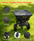 Tow Behind Lawn Spreader For Seed Fertilizer Ice Melt, 9.8 Foot Spreading Width, 85 Lb Hopper, 10 Inch All Terrain Tires, Adjustable Flow Control, Broadcast Spreader Pro Grade For Yard Work And Lawn Care on grass