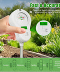 Person using 6 In 1 Digital Soil Tester With Moisture, PH, Light, Temperature And Fertility Monitor in garden bed