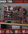 49.8 Inch Wide Heavy Duty Power Tool Organizer Wall Mount With Four Shelves, 18 Cordless Drill Holders, 600 Lb Capacity Garage Organizer For Home Workshop, Black installed on wall