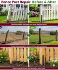 Heavy Duty Fence Post Repair Kit For Leaning Wooden Supports Quick No Dig Fix To Straighten Wobbly Fences Before and After images of fence repair.