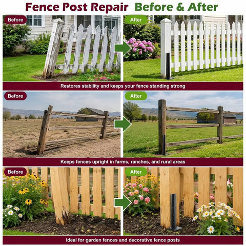 Heavy Duty Fence Post Repair Kit For Leaning Wooden Supports Quick No Dig Fix To Straighten Wobbly Fences Before and After images of fence repair.