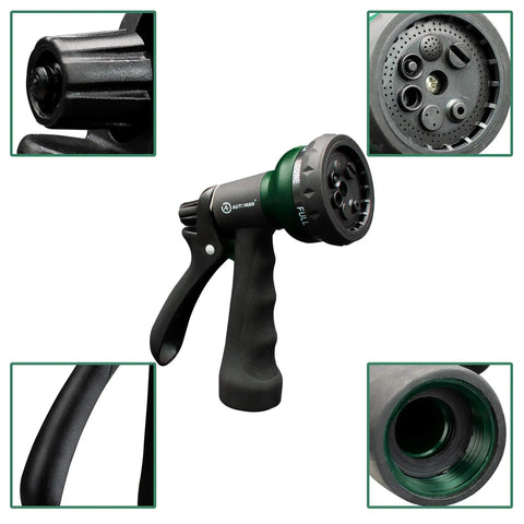 Durable ABS Garden Hose Nozzle with seven adjustable sprays including Jet, Shower, Mist, Cone, Soaker, Flat, and Center patterns