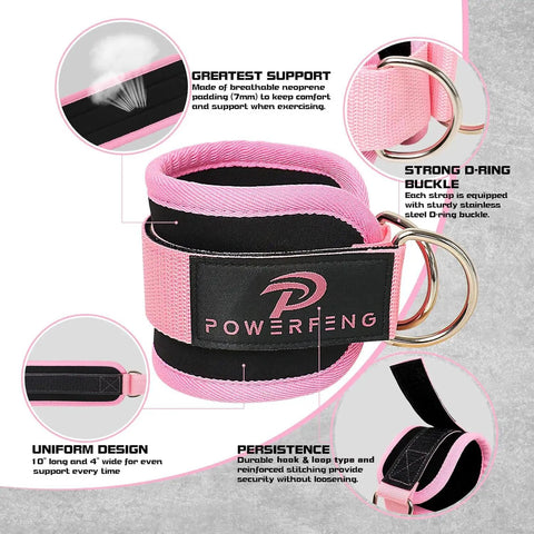 Heavy Duty Ankle Straps For Cable Machines Secure Fit Glute Kickback Cuffs with 7mm neoprene padding and D-ring buckle.