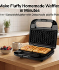 Keinve 3 In 1 Sandwich Maker And Waffle Iron With Removable Non Stick Plates, opened showing waffles and coffee.