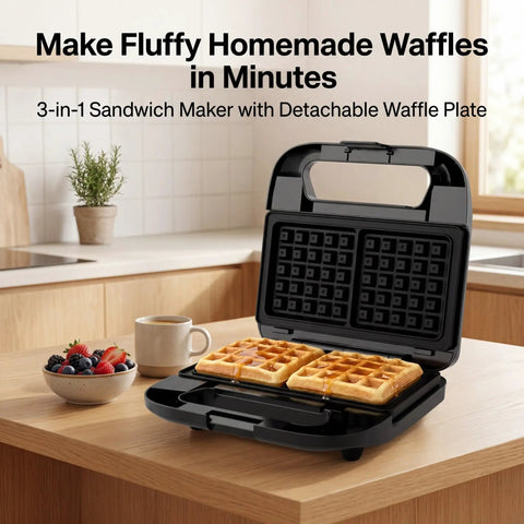 Keinve 3 In 1 Sandwich Maker And Waffle Iron With Removable Non Stick Plates, opened showing waffles and coffee.