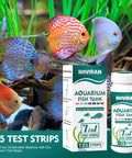 Pro 7 Way Aquarium Test Strip Kit Includes 125 Green Strips, colorful fish in tank, monitoring water quality at home.
