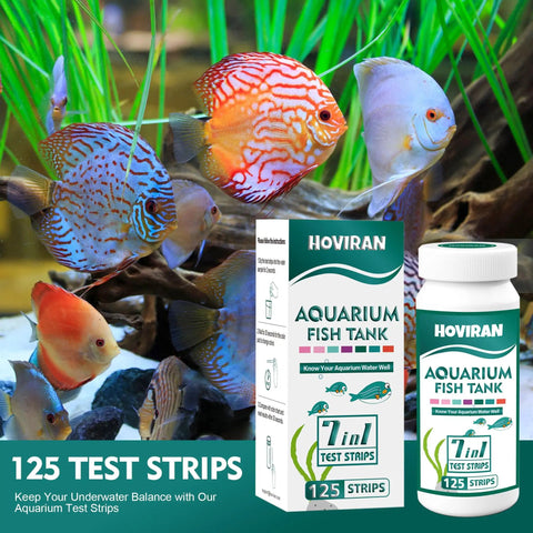 Pro 7 Way Aquarium Test Strip Kit Includes 125 Green Strips, colorful fish in tank, monitoring water quality at home.