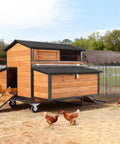 Spacious 6-8 Chickens All In One Wooden Poultry Cage With Metal Frame, wheels, ramp, and weatherproof roof in outdoor backyard