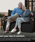 Couple sitting on 80 Gallon Outdoor Storage Bench Deck Box Waterproof Lockable For Patio Garden And Porch All Weather Storage Furniture For Tools Cushions And Backyard Gear Black