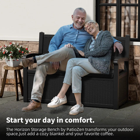 Couple sitting on 80 Gallon Outdoor Storage Bench Deck Box Waterproof Lockable For Patio Garden And Porch All Weather Storage Furniture For Tools Cushions And Backyard Gear Black