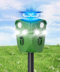 360 Degree Solar Animal Deterrent For Yard And Garden With No Blind Spots, Three Motion Sensors, Waterproof Ultrasonic And Flashing Light Outdoor Device To Keep Deer, Raccoons, And Cats Away mounted on a stake