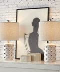 Farmhouse Ceramic Table Lamp Set Of 2 18.5 Inch Open Diamond Motif With Drum Linen Shade Cozy Warm Ambient Light For Living Room
