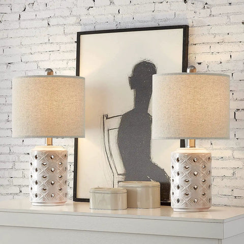 Farmhouse Ceramic Table Lamp Set Of 2 18.5 Inch Open Diamond Motif With Drum Linen Shade Cozy Warm Ambient Light For Living Room