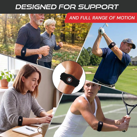 Collage of people using the Tennis Elbow Brace For Men And Women Tendonitis And Golfer Elbow Support in various activities