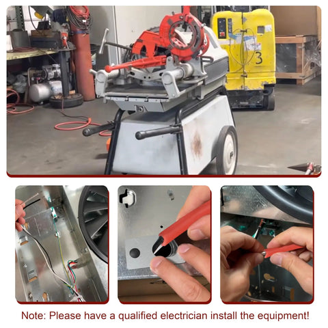 14 Feet 14 Gauge Heavy Duty Power Cord Replacement For Ridgid Pipe Threaders connected to a pipe threading machine in a workshop.