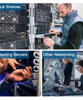 Technician installing network equipment in rack shelves and setting up servers, showcasing other networking tasks.
