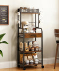 Top Shelf Five Tier Coffee Station Cart With Slick Rolling Wheels And Ample Cabinet Space Plus Sturdy Mounts For Single Serve Packs And Spacious Racks Built For Your Daily Grind Home Bar Display Or Cozy Kitchen Area in rustic brown with coffee supplies.