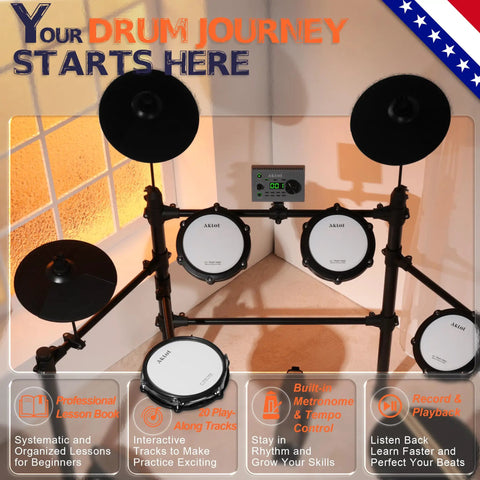 Multi Zone Electronic Drum Set With Four Dual Trigger Quiet Mesh Pads 360 Sounds 10 User Kits Cymbals With Choke in room