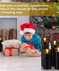Set Of 9 Black Textured Flameless LED Real Wax Pillar Candles With Remote Control And Timer, Flickering Warm Glow with child.
