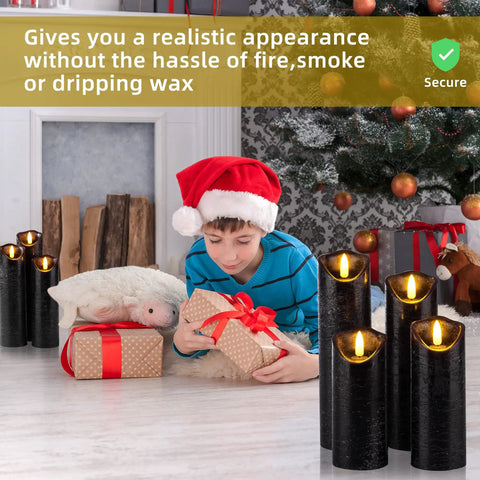 Set Of 9 Black Textured Flameless LED Real Wax Pillar Candles With Remote Control And Timer, Flickering Warm Glow with child.