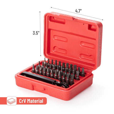 Tamper Proof Torx Bit Set With Mini Ratchet Wrench, Pro Grade Thirty Four Piece Cr V Steel Security Bits in red case, 4.7x3.5 inches