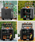 Collage of Outdoor Potting Bench With Storage Cabinet And Stainless Steel Work Surface Garden Workstation in four settings: conservatory, garden, backyard, patio.