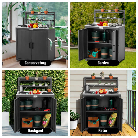 Collage of Outdoor Potting Bench With Storage Cabinet And Stainless Steel Work Surface Garden Workstation in four settings: conservatory, garden, backyard, patio.