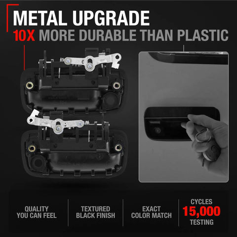 Toyota Tacoma Exterior Front Driver And Passenger Door Handle Set For Front Left And Right Upgraded Metal Textured Black OEM Replacement For 1995 2004 Models Built Tough And Easy Install displayed with metal durability features.