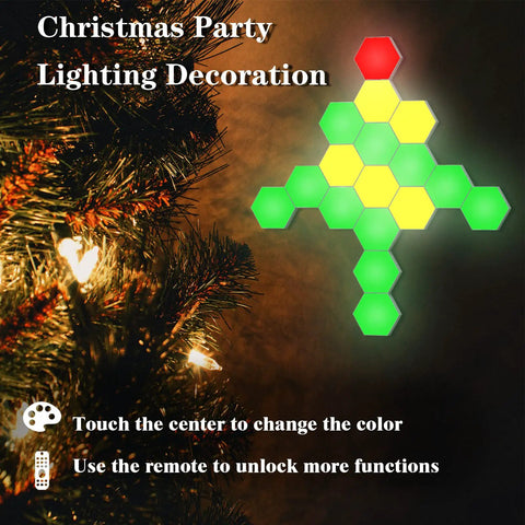Christmas party setup with Hexagon LED Wall Light Kit 6 Pack With Modular Touch And Remote Control near a Christmas tree.