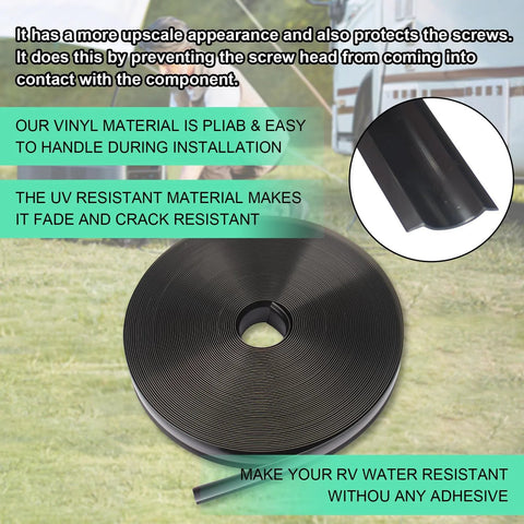 1-inch black vinyl trim molding screw-cover roll for RVs, boats, campers, travel trailers; 100 ft