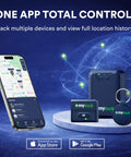 Heavy Duty Waterproof GPS Tracker For Cars Trucks And Trailers With 4G LTE Real Time Location Updates shown with mobile app interface.