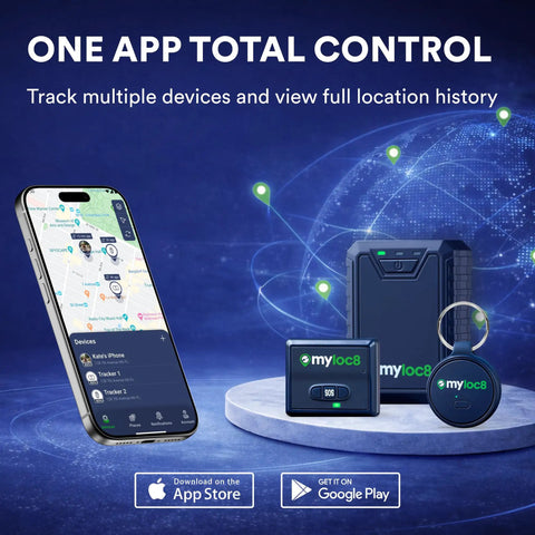 Heavy Duty Waterproof GPS Tracker For Cars Trucks And Trailers With 4G LTE Real Time Location Updates shown with mobile app interface.