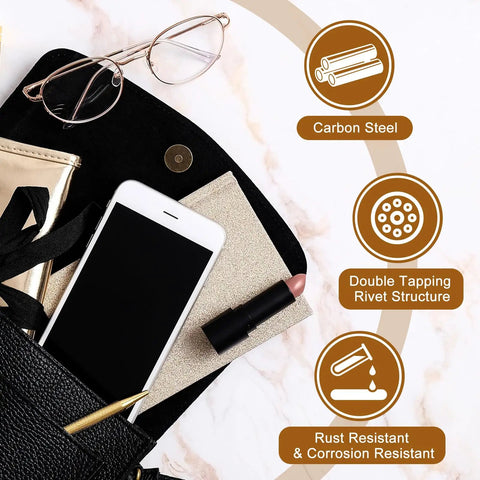 Kickass Heavy Duty Copper Magnetic Snap Buttons For Leather Crafting Jobs on a black tote with phone and makeup.