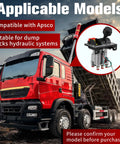 Red dump truck with hydraulic hoist system, inset showing Power Take Off PTO Hoist Air Shift Control Valve With Brighter Light and Plug And Play Push To Connect Fittings For Dump Truck Hydraulic System PTO Switch Included Compatible With AV295 32838879X 90 Series.