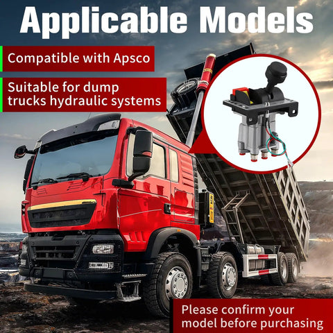 Red dump truck with hydraulic hoist system, inset showing Power Take Off PTO Hoist Air Shift Control Valve With Brighter Light and Plug And Play Push To Connect Fittings For Dump Truck Hydraulic System PTO Switch Included Compatible With AV295 32838879X 90 Series.
