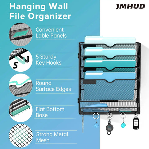 Wall Mount Paper File Organizer With Mail Sorter Slots And Five Heavy Duty Hooks For Home Office Storage And Kick Clutter To The Curb While Keeping Daily Bills Folders And Keys Totally Spick And Span In Sleek Black