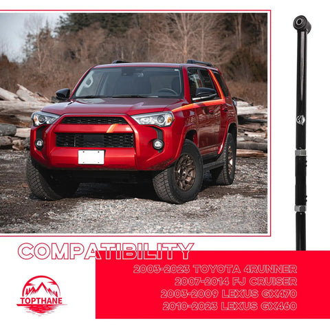 0 To 4 Inch Lift Rear Adjustable Track Bar Panhard Rod For 4Runner, FJ Cruiser, GX470, GX460 Beefed Up Heavy Duty Off Road Upgrade For Stronger Alignment And Smoother Handling; black steel rod installed on lifted SUV