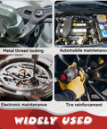 Thread locker for nuts/bolts, blue and red, 100ml; collage shows metal locking, auto repair, watch movement.