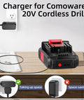 Heavy Duty 21V Drill Battery Charger For Both Cordless Tools Straight Up Reliable AC DC Adapter plugged into wall with drill battery.
