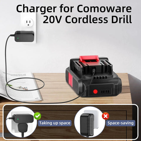 Heavy Duty 21V Drill Battery Charger For Both Cordless Tools Straight Up Reliable AC DC Adapter plugged into wall with drill battery.