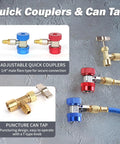 3 Way Brass Manifold Gauge Set for R134A R12 R22 R502 with 4 Foot Color Coded Hoses Quick Couplers Puncturing Can Tap 410 Adapter Valve Core Tool DIY Freon Charging and Recovery Kit, brass couplers