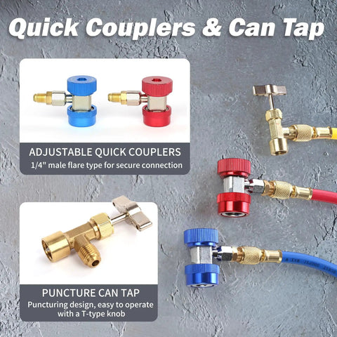 3 Way Brass Manifold Gauge Set for R134A R12 R22 R502 with 4 Foot Color Coded Hoses Quick Couplers Puncturing Can Tap 410 Adapter Valve Core Tool DIY Freon Charging and Recovery Kit, brass couplers