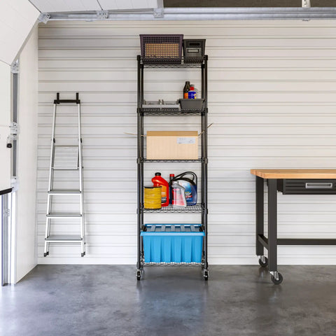 Heavy Duty 5-Tier Wire Shelving Rack With 800 Lb Per Shelf And 4,000 Lb Total Capacity, Adjustable 1 Inch Shelves, NSF Solid Steel Storage Unit For Garage Warehouse Office Restaurant Kitchen, Black, 24 In Wide By 18 In Deep inside a garage