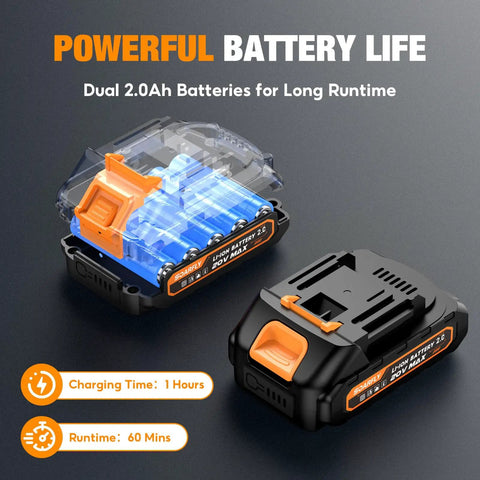 Upgraded Cordless Garden Tiller With Dual 2.0Ah Batteries showcasing 60 min runtime and charging features, Lightweight Orange Power Tool.