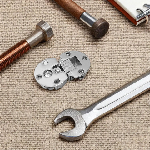 Concealed Cabinet Door Hinges 4-Pack, Zinc Alloy Flush-Mounted Drop-Down Hinges with 90 Degree Flip on woven surface with tools
